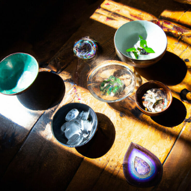 Serene wellness space, lit by soft natural light, featuring a variety of spiritual bowls arranged artistically on a wooden table, with elements of nature like plants and crystals, depicting tranquility